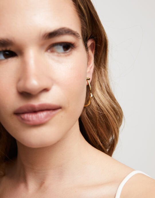 Hoop earrings with white topaz, Golden, large